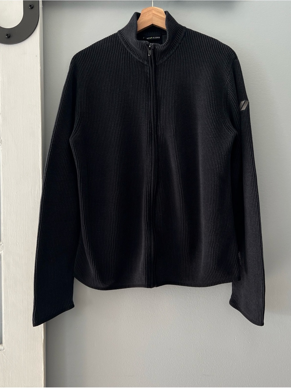 VTG Y2K DKNY Jeans Ribbed Knit Full Zip Sweater Faded Black Ramie Cotton